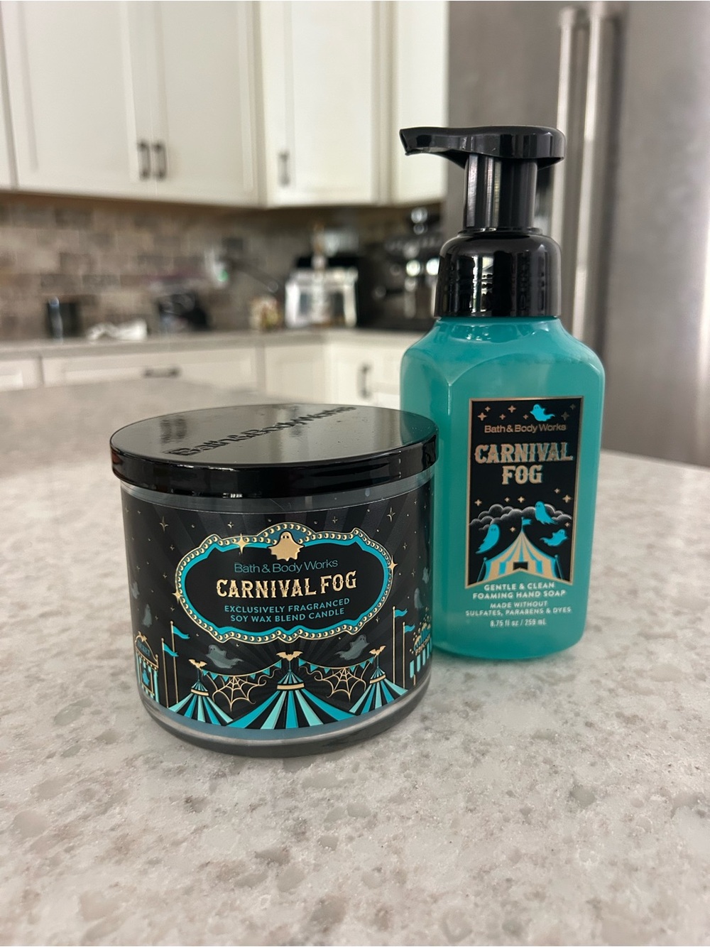 “New” Bath & Body Works Carnival Fog 3 Wick Candle & Foaming Hand Soap
